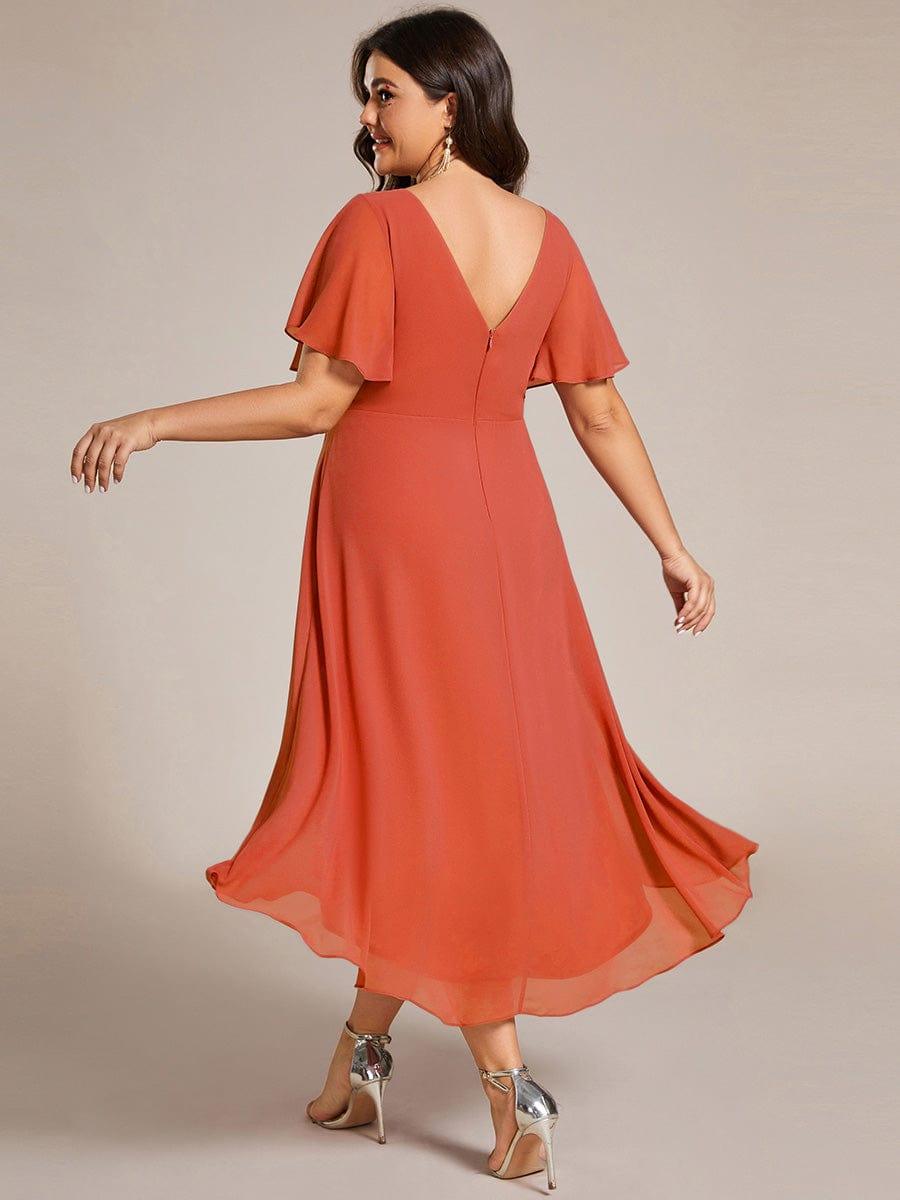 ever FAYE|Chic V Neck Asymmetrical Hem Ruffles Sleeve Pleated Chiffon Wedding Guest Dress