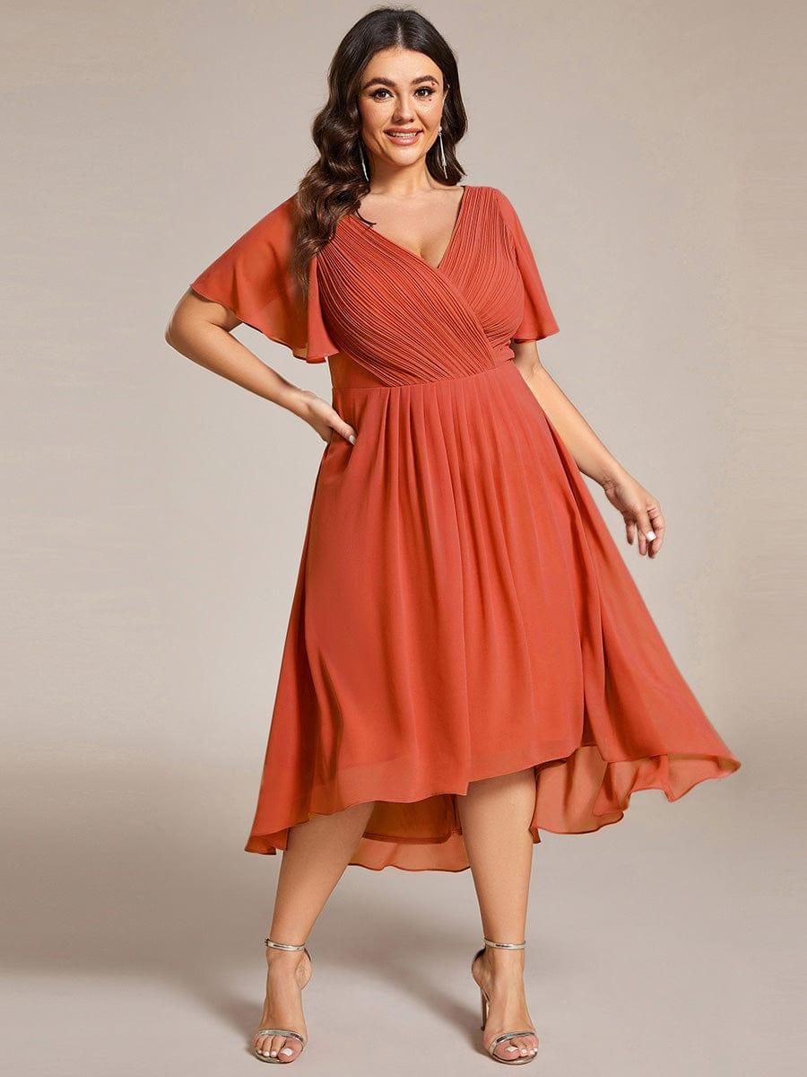 ever FAYE|Chic V Neck Asymmetrical Hem Ruffles Sleeve Pleated Chiffon Wedding Guest Dress