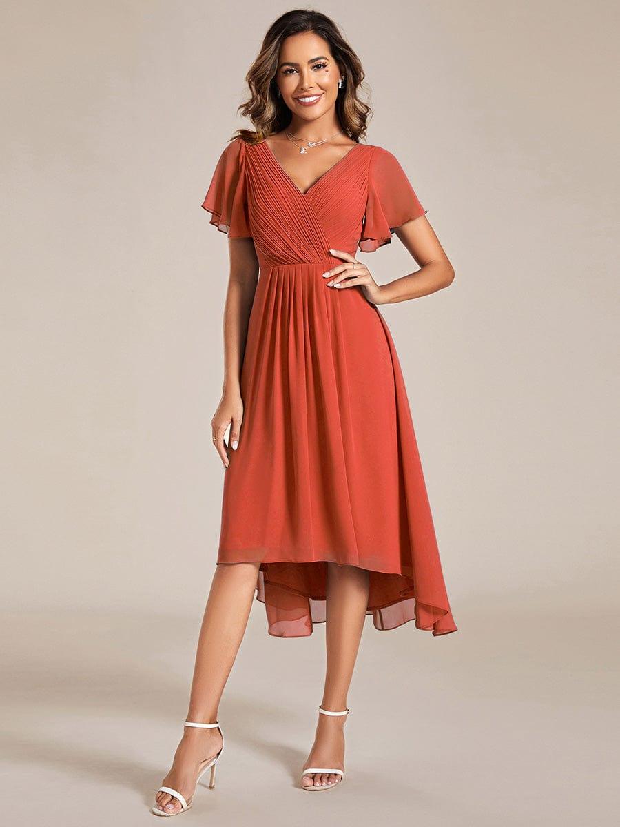 ever FAYE|Chic V Neck Asymmetrical Hem Ruffles Sleeve Pleated Chiffon Wedding Guest Dress