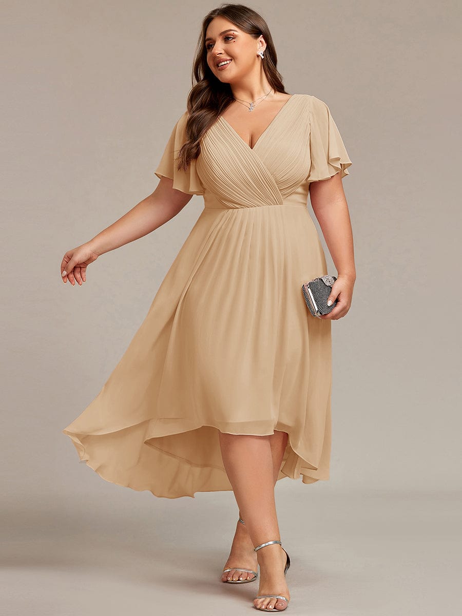ever FAYE|Elegant V-Neck Flowy High-Low Short Sleeve Wedding Guest Dress