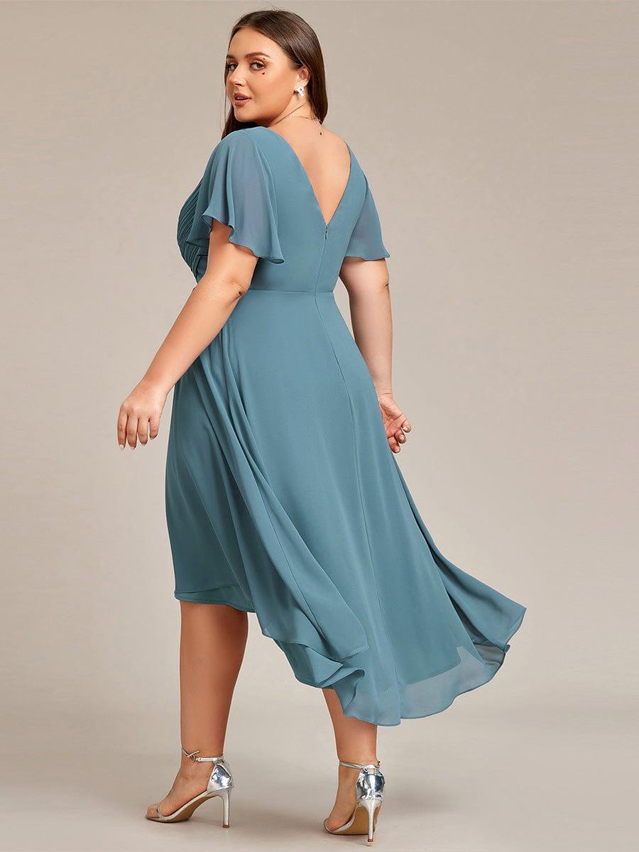 ever FAYE|Chic V Neck Asymmetrical Hem Ruffles Sleeve Pleated Chiffon Wedding Guest Dress
