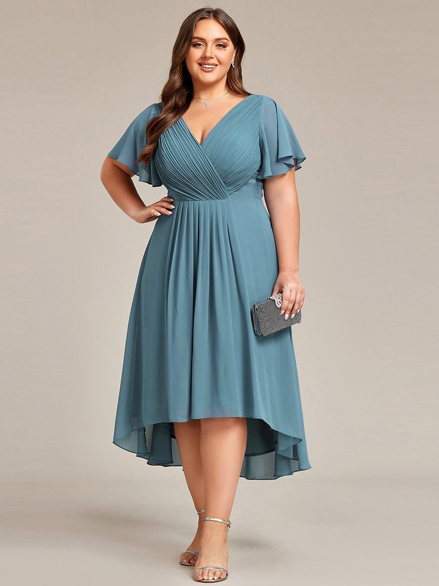 ever FAYE|Chic V Neck Asymmetrical Hem Ruffles Sleeve Pleated Chiffon Wedding Guest Dress