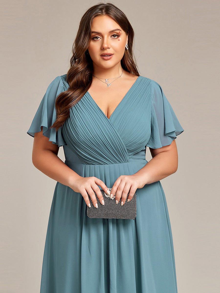 ever FAYE|Chic V Neck Asymmetrical Hem Ruffles Sleeve Pleated Chiffon Wedding Guest Dress