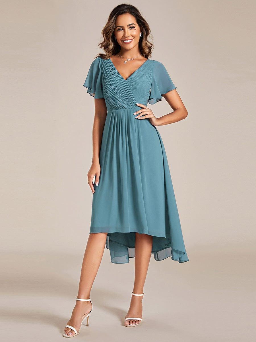 ever FAYE|Chic V Neck Asymmetrical Hem Ruffles Sleeve Pleated Chiffon Wedding Guest Dress