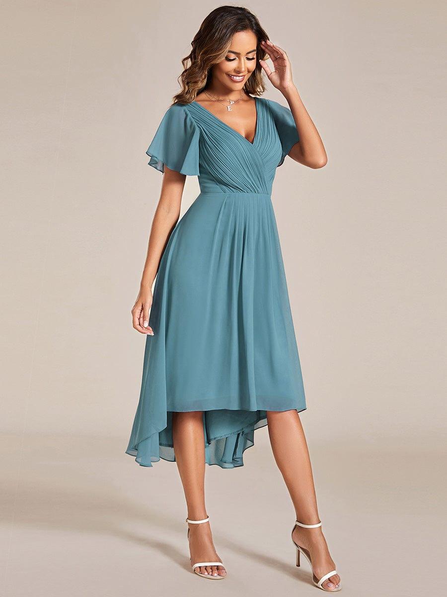 ever FAYE|Chic V Neck Asymmetrical Hem Ruffles Sleeve Pleated Chiffon Wedding Guest Dress
