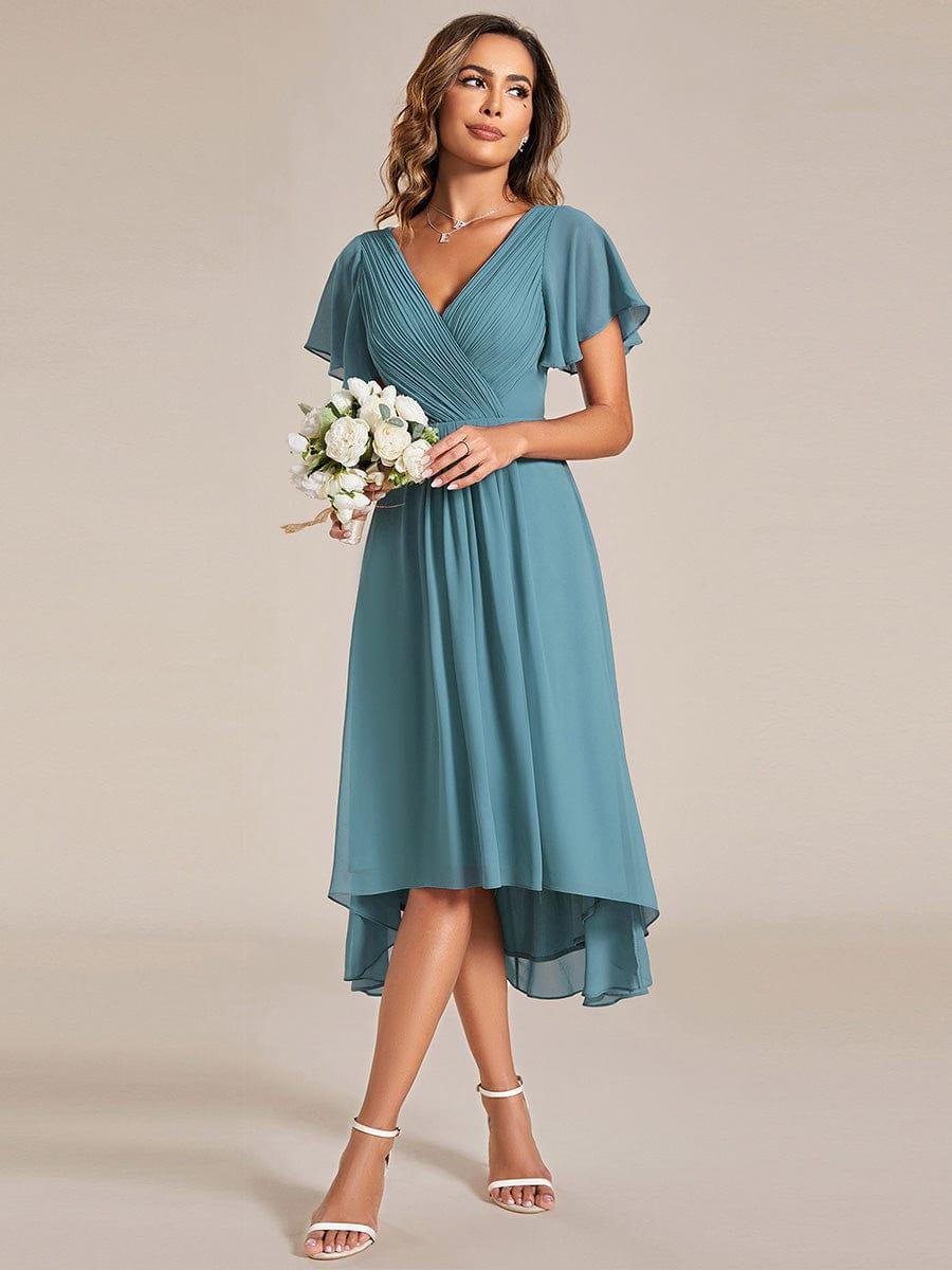 ever FAYE|Chic V Neck Asymmetrical Hem Ruffles Sleeve Pleated Chiffon Wedding Guest Dress