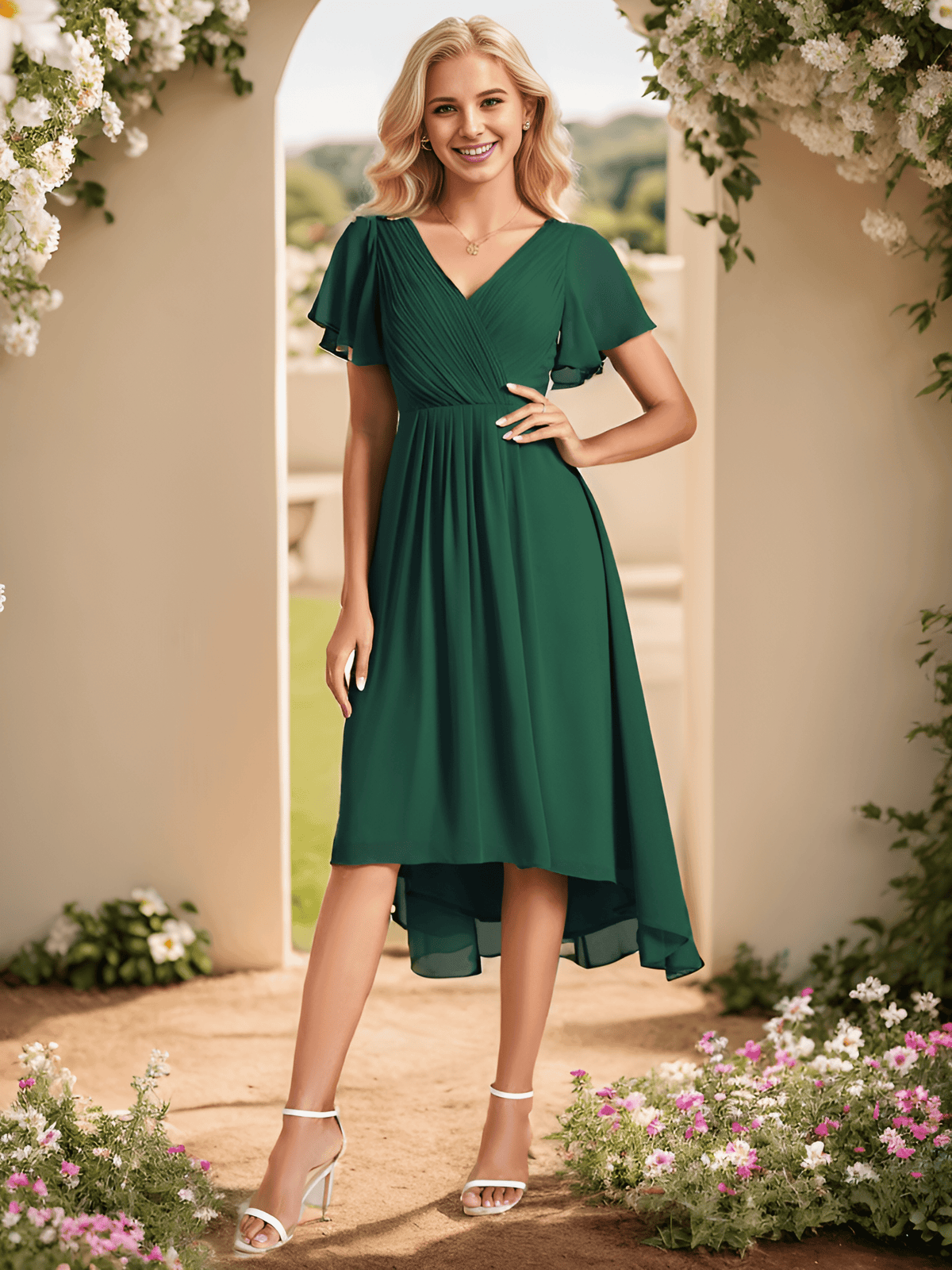ever FAYE|Plus Size Pleated Midi Ruffles Sleeve Chiffon Bridesmaid Dress
