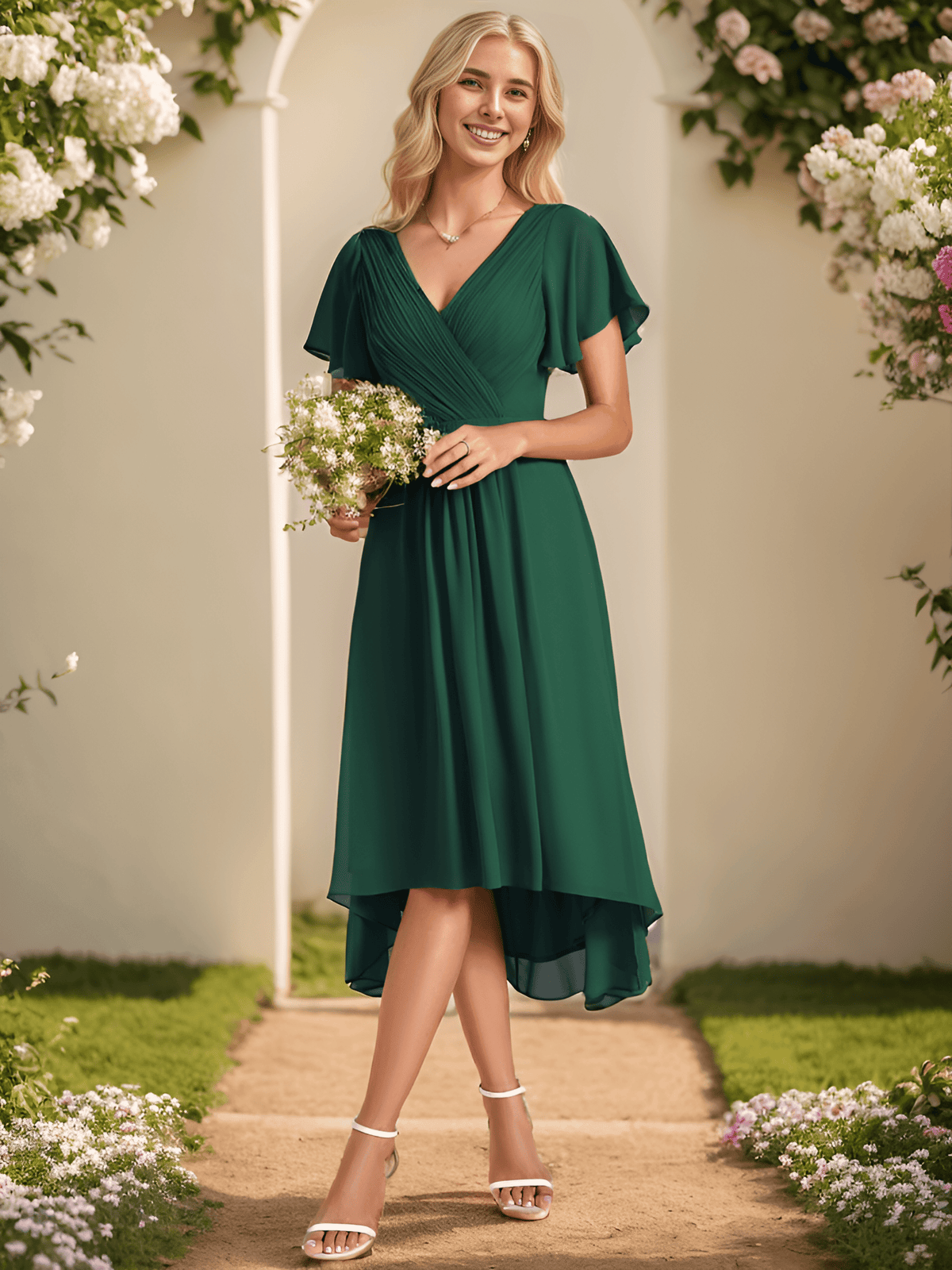 ever FAYE|Chic V Neck Asymmetrical Hem Ruffles Sleeve Pleated Chiffon Wedding Guest Dress