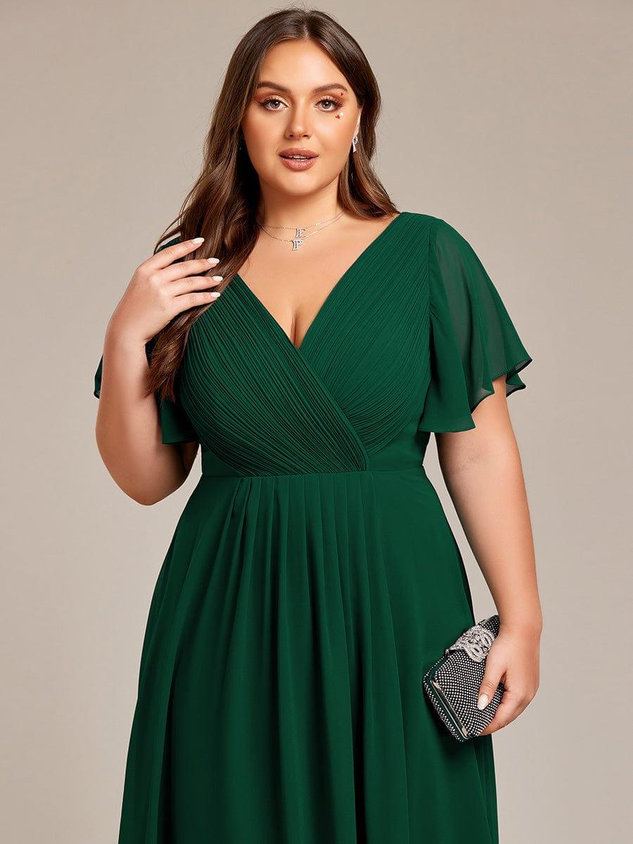 ever FAYE|Chic V Neck Asymmetrical Hem Ruffles Sleeve Pleated Chiffon Wedding Guest Dress