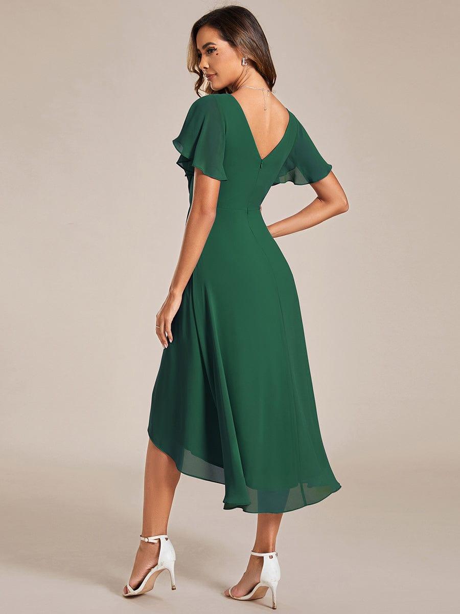 ever FAYE|Chic V Neck Asymmetrical Hem Ruffles Sleeve Pleated Chiffon Wedding Guest Dress