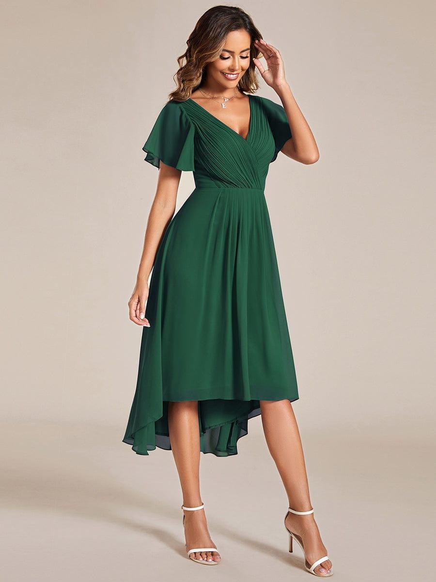ever FAYE|Chic V Neck Asymmetrical Hem Ruffles Sleeve Pleated Chiffon Wedding Guest Dress