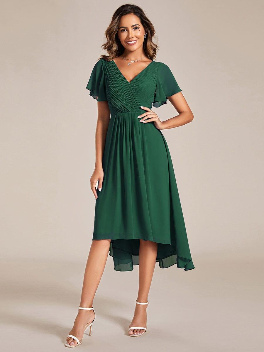ever FAYE|Chic V Neck Asymmetrical Hem Ruffles Sleeve Pleated Chiffon Wedding Guest Dress