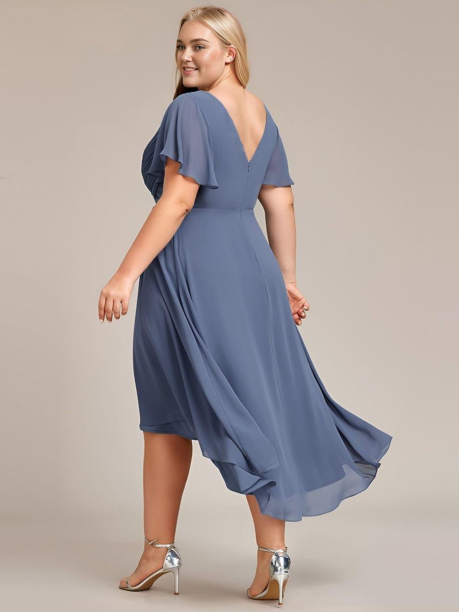 ever FAYE|Chic V Neck Asymmetrical Hem Ruffles Sleeve Pleated Chiffon Wedding Guest Dress