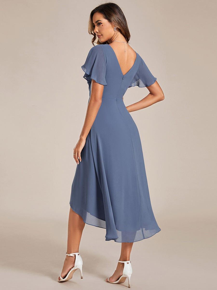 ever FAYE|Chic V Neck Asymmetrical Hem Ruffles Sleeve Pleated Chiffon Wedding Guest Dress