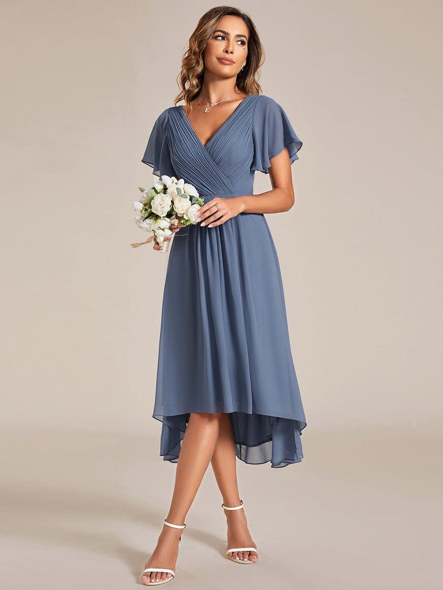 ever FAYE|Chic V Neck Asymmetrical Hem Ruffles Sleeve Pleated Chiffon Wedding Guest Dress
