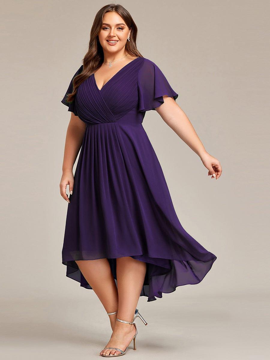 ever FAYE|Chic V Neck Asymmetrical Hem Ruffles Sleeve Pleated Chiffon Wedding Guest Dress