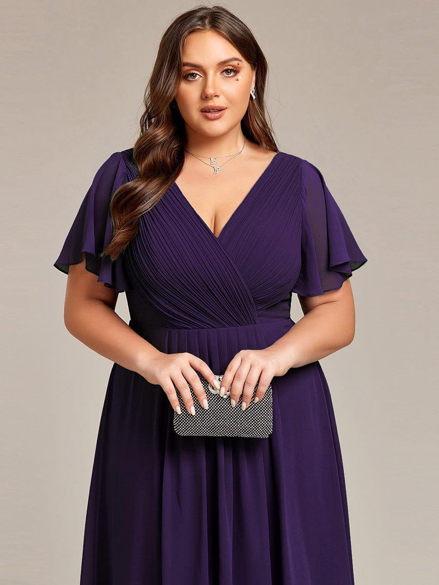 ever FAYE|Chic V Neck Asymmetrical Hem Ruffles Sleeve Pleated Chiffon Wedding Guest Dress