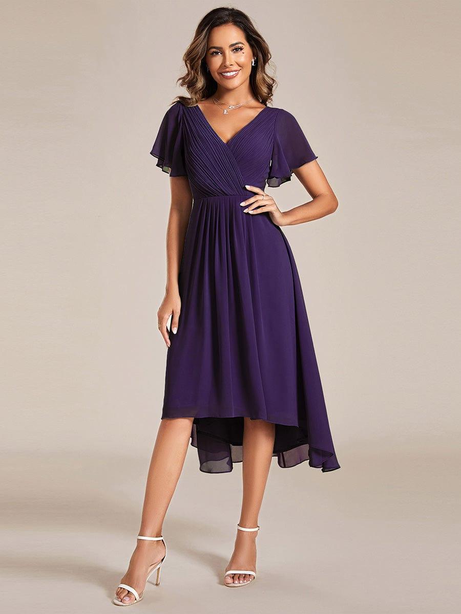 ever FAYE|Chic V Neck Asymmetrical Hem Ruffles Sleeve Pleated Chiffon Wedding Guest Dress