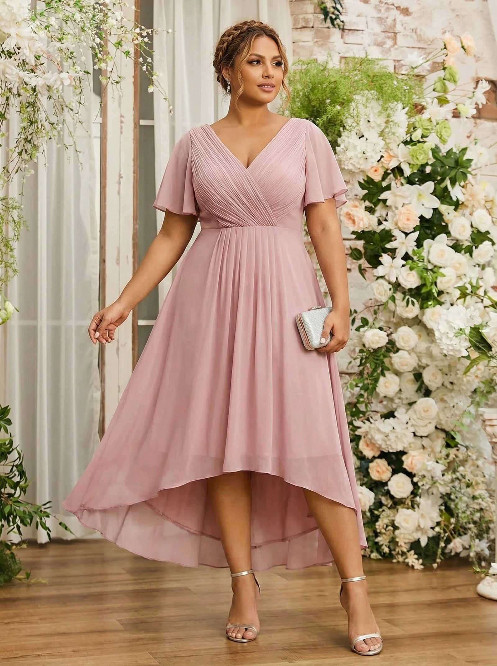 ever FAYE|Plus Size Pleated Midi Ruffles Sleeve Chiffon Bridesmaid Dress