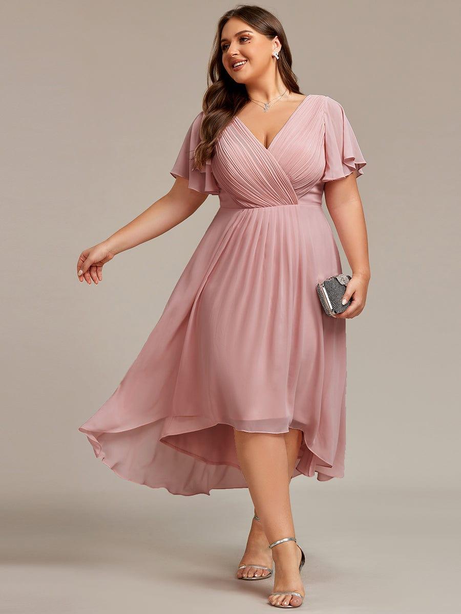 ever FAYE|Chic V Neck Asymmetrical Hem Ruffles Sleeve Pleated Chiffon Wedding Guest Dress