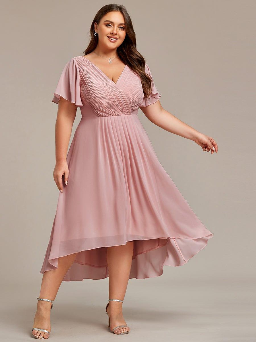 ever FAYE|Chic V Neck Asymmetrical Hem Ruffles Sleeve Pleated Chiffon Wedding Guest Dress
