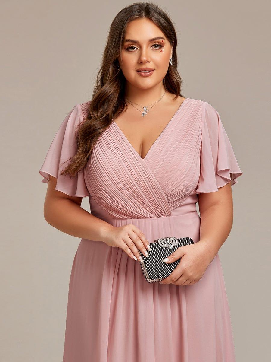ever FAYE|Chic V Neck Asymmetrical Hem Ruffles Sleeve Pleated Chiffon Wedding Guest Dress