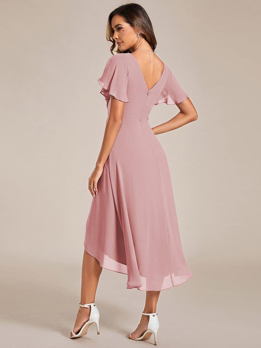 ever FAYE|Chic V Neck Asymmetrical Hem Ruffles Sleeve Pleated Chiffon Wedding Guest Dress