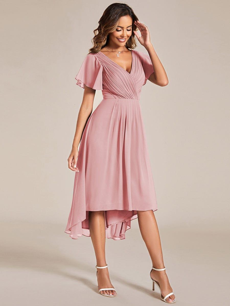 ever FAYE|Chic V Neck Asymmetrical Hem Ruffles Sleeve Pleated Chiffon Wedding Guest Dress