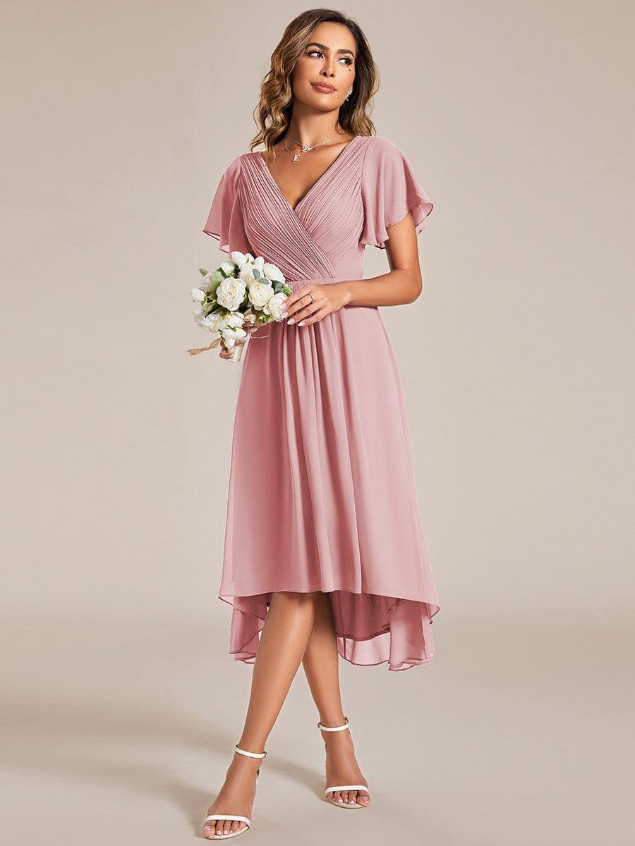 ever FAYE|Chic V Neck Asymmetrical Hem Ruffles Sleeve Pleated Chiffon Wedding Guest Dress