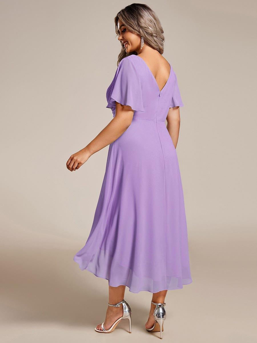 ever FAYE|Chic V Neck Asymmetrical Hem Ruffles Sleeve Pleated Chiffon Wedding Guest Dress
