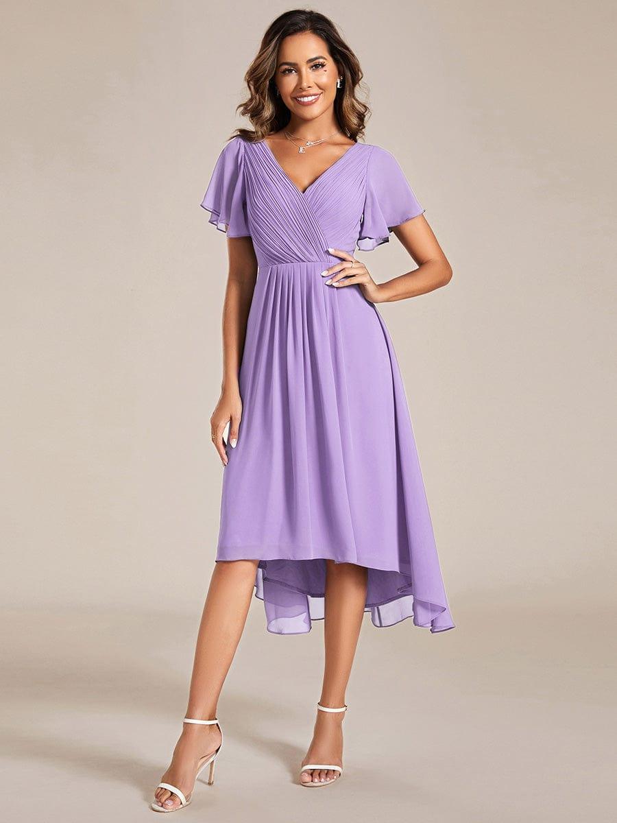 ever FAYE|Chic V Neck Asymmetrical Hem Ruffles Sleeve Pleated Chiffon Wedding Guest Dress