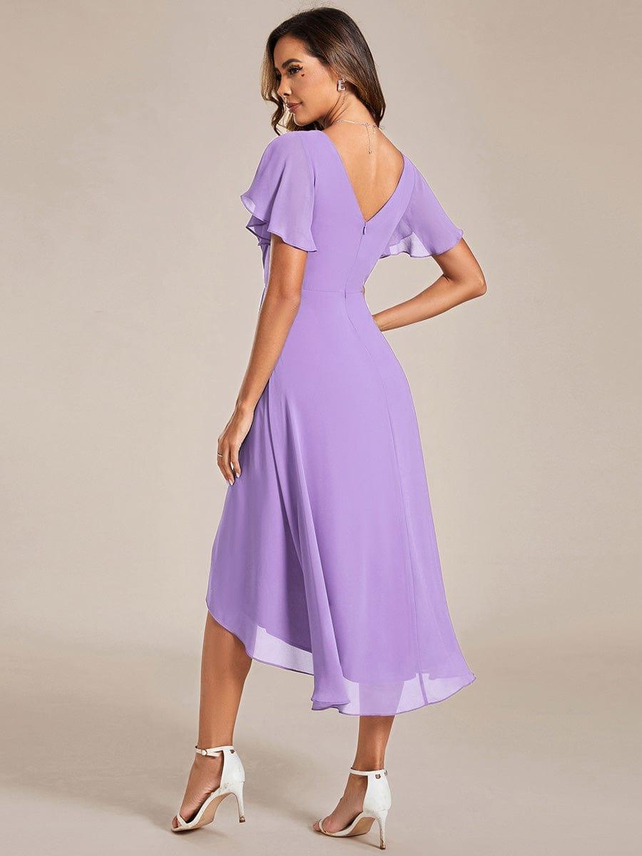 ever FAYE|Chic V Neck Asymmetrical Hem Ruffles Sleeve Pleated Chiffon Wedding Guest Dress