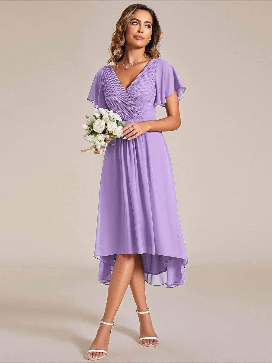 ever FAYE|Chic V Neck Asymmetrical Hem Ruffles Sleeve Pleated Chiffon Wedding Guest Dress
