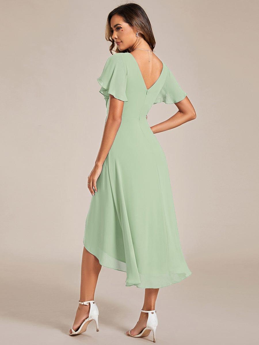 ever FAYE|Chic V Neck Asymmetrical Hem Ruffles Sleeve Pleated Chiffon Wedding Guest Dress