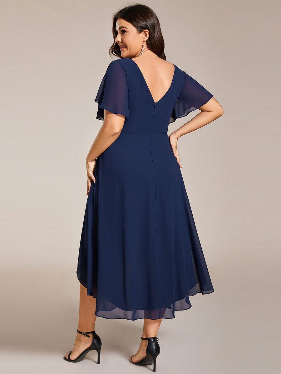 ever FAYE|Chic V Neck Asymmetrical Hem Ruffles Sleeve Pleated Chiffon Wedding Guest Dress
