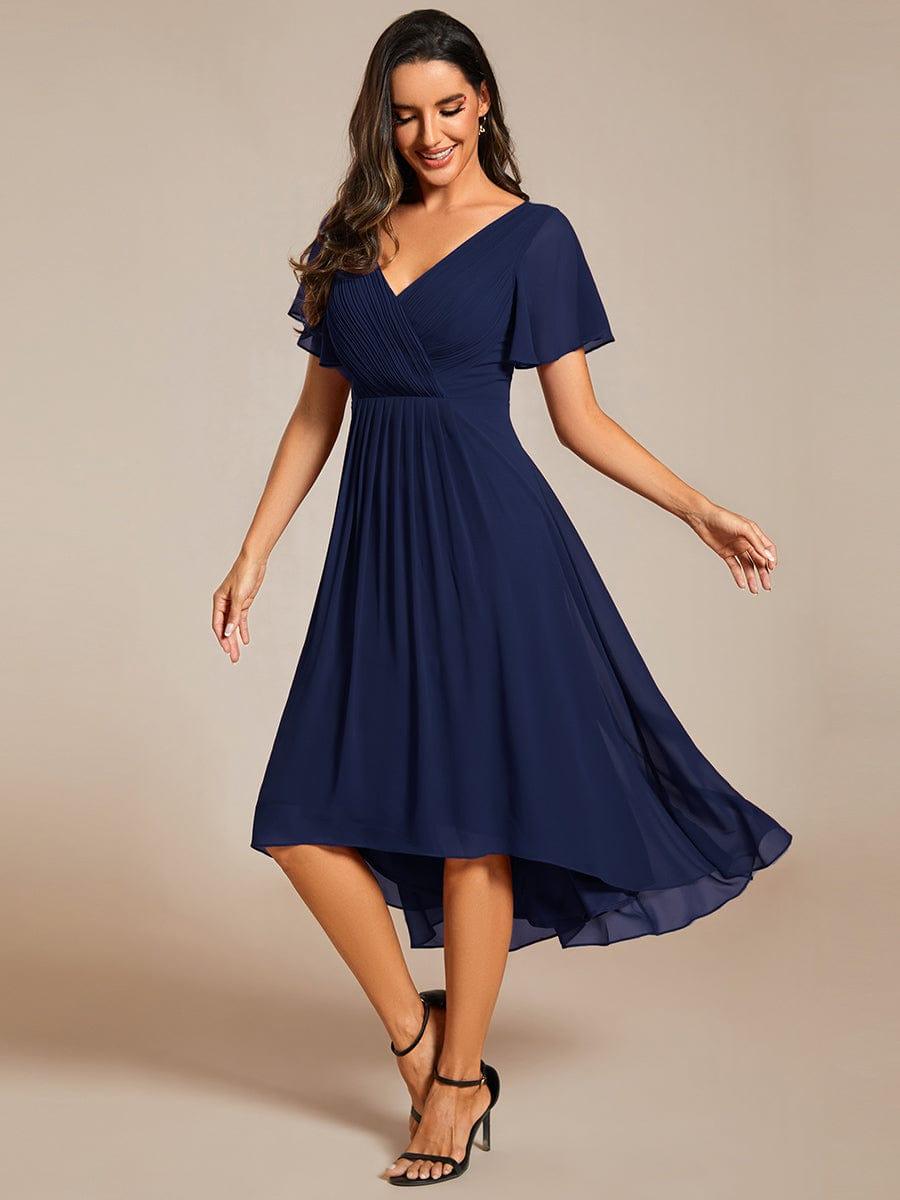 ever FAYE|Chic V Neck Asymmetrical Hem Ruffles Sleeve Pleated Chiffon Wedding Guest Dress