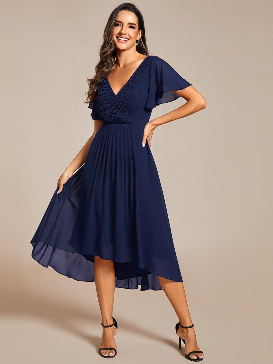 ever FAYE|Chic V Neck Asymmetrical Hem Ruffles Sleeve Pleated Chiffon Wedding Guest Dress
