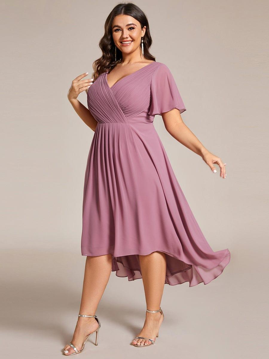 ever FAYE|Chic V Neck Asymmetrical Hem Ruffles Sleeve Pleated Chiffon Wedding Guest Dress