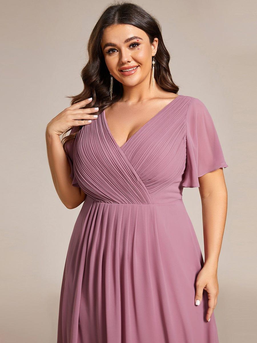 ever FAYE|Chic V Neck Asymmetrical Hem Ruffles Sleeve Pleated Chiffon Wedding Guest Dress