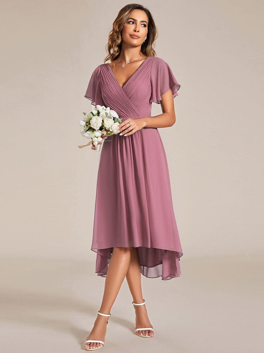 ever FAYE|Chic V Neck Asymmetrical Hem Ruffles Sleeve Pleated Chiffon Wedding Guest Dress