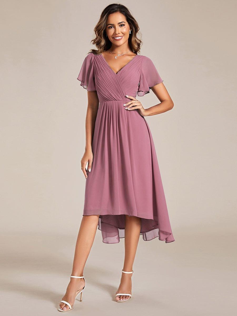 ever FAYE|Chic V Neck Asymmetrical Hem Ruffles Sleeve Pleated Chiffon Wedding Guest Dress