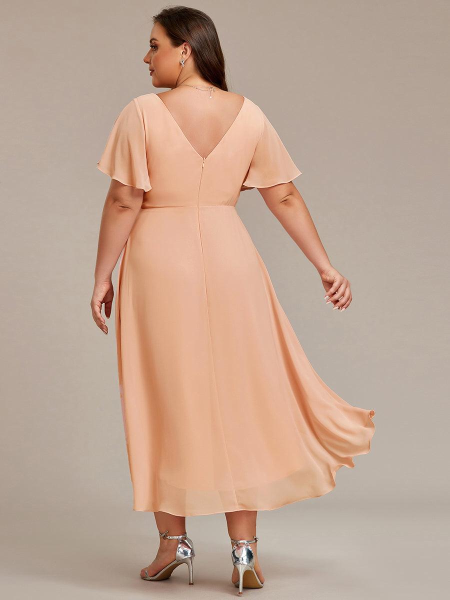 ever FAYE|Chic V Neck Asymmetrical Hem Ruffles Sleeve Pleated Chiffon Wedding Guest Dress