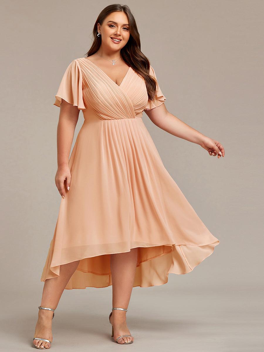 ever FAYE|Chic V Neck Asymmetrical Hem Ruffles Sleeve Pleated Chiffon Wedding Guest Dress