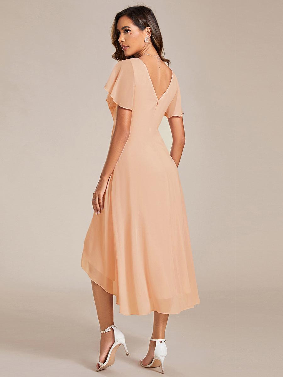 ever FAYE|Chic V Neck Asymmetrical Hem Ruffles Sleeve Pleated Chiffon Wedding Guest Dress