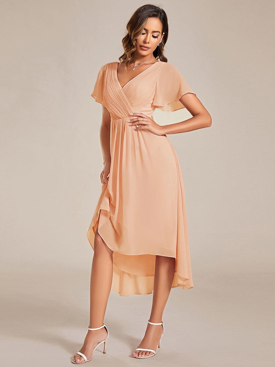 ever FAYE|Chic V Neck Asymmetrical Hem Ruffles Sleeve Pleated Chiffon Wedding Guest Dress