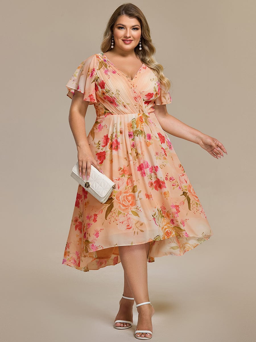 ever FAYE|Elegant V-Neck Flowy High-Low Short Sleeve Wedding Guest Dress