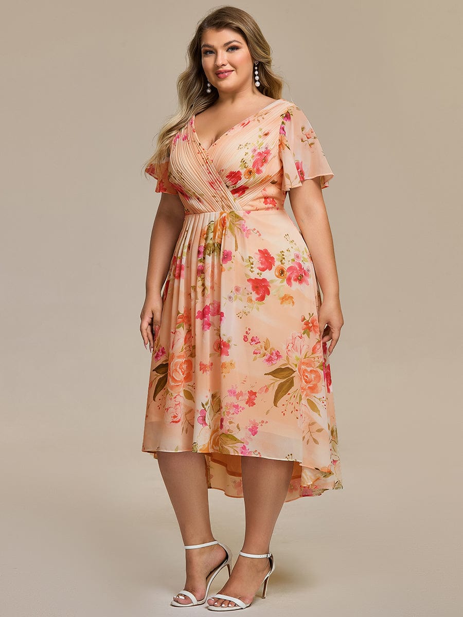 ever FAYE|Elegant V-Neck Flowy High-Low Short Sleeve Wedding Guest Dress