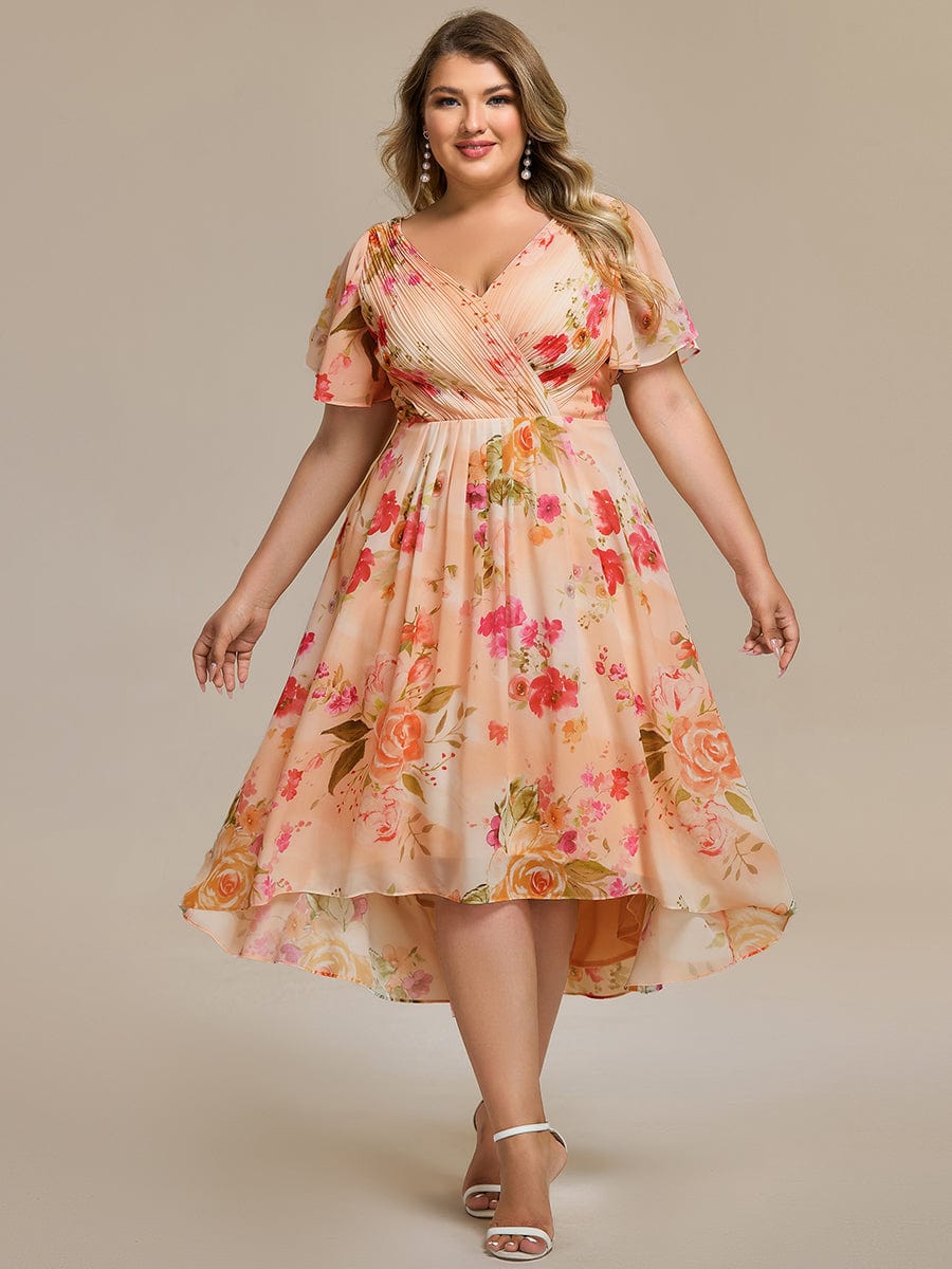 ever FAYE|Elegant V-Neck Flowy High-Low Short Sleeve Wedding Guest Dress