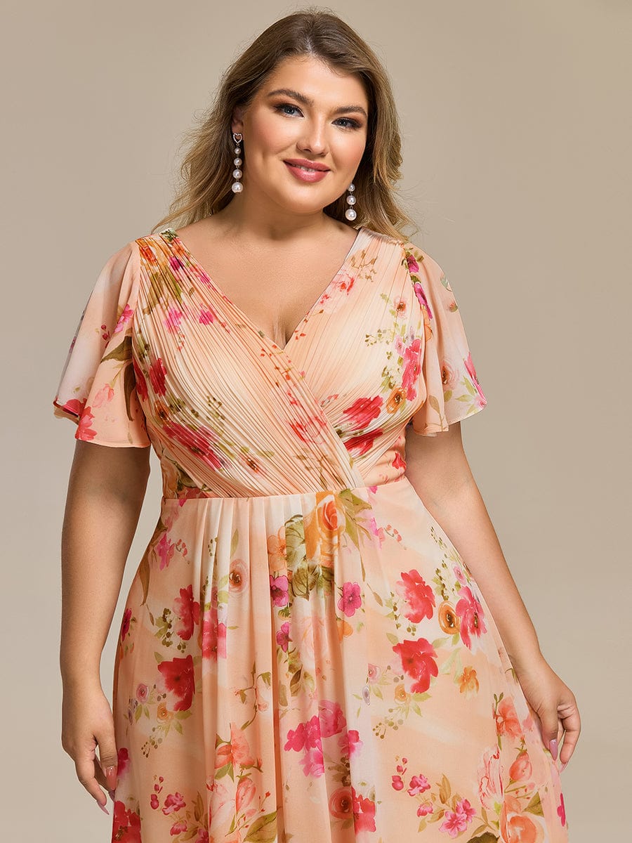 ever FAYE|Elegant V-Neck Flowy High-Low Short Sleeve Wedding Guest Dress