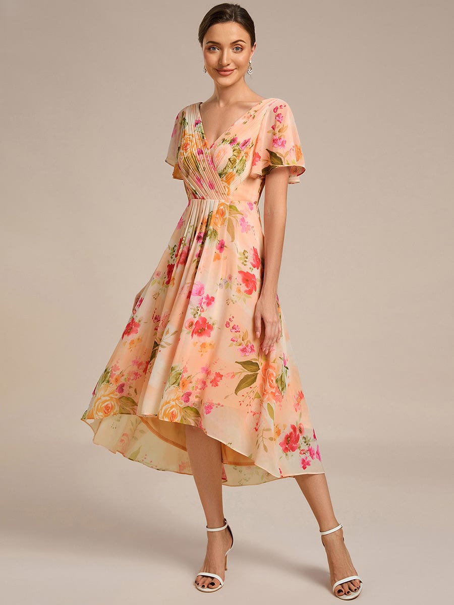 ever FAYE|Elegant V-Neck Flowy High-Low Short Sleeve Wedding Guest Dress